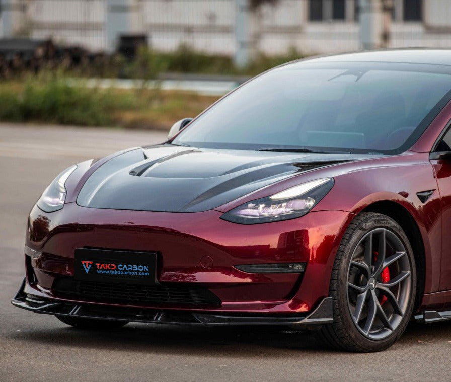 Tesla Model 3 / Performance 2017-2023 with Aftermarket Parts - Pre-preg Carbon Fiber Front Lip from TAKD Carbon