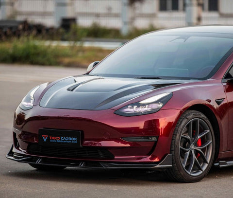 Tesla Model 3 / Performance 2017-2023 with Aftermarket Parts - Pre-preg Carbon Fiber Front Lip from TAKD Carbon