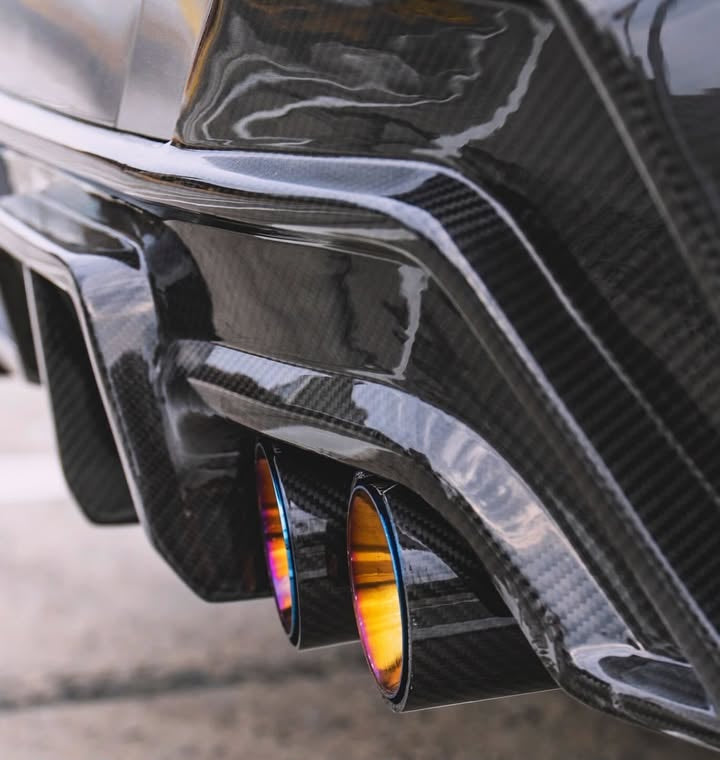 BMW 5 Series 530 540 (with M-package bumper, does not fit base model) G60 G61 2024-ON with Aftermarket Parts - V1 Style Rear Diffuser (Quad Exhaust Tips Included) Pre-preg Carbon Fiber from TAKD Carbon