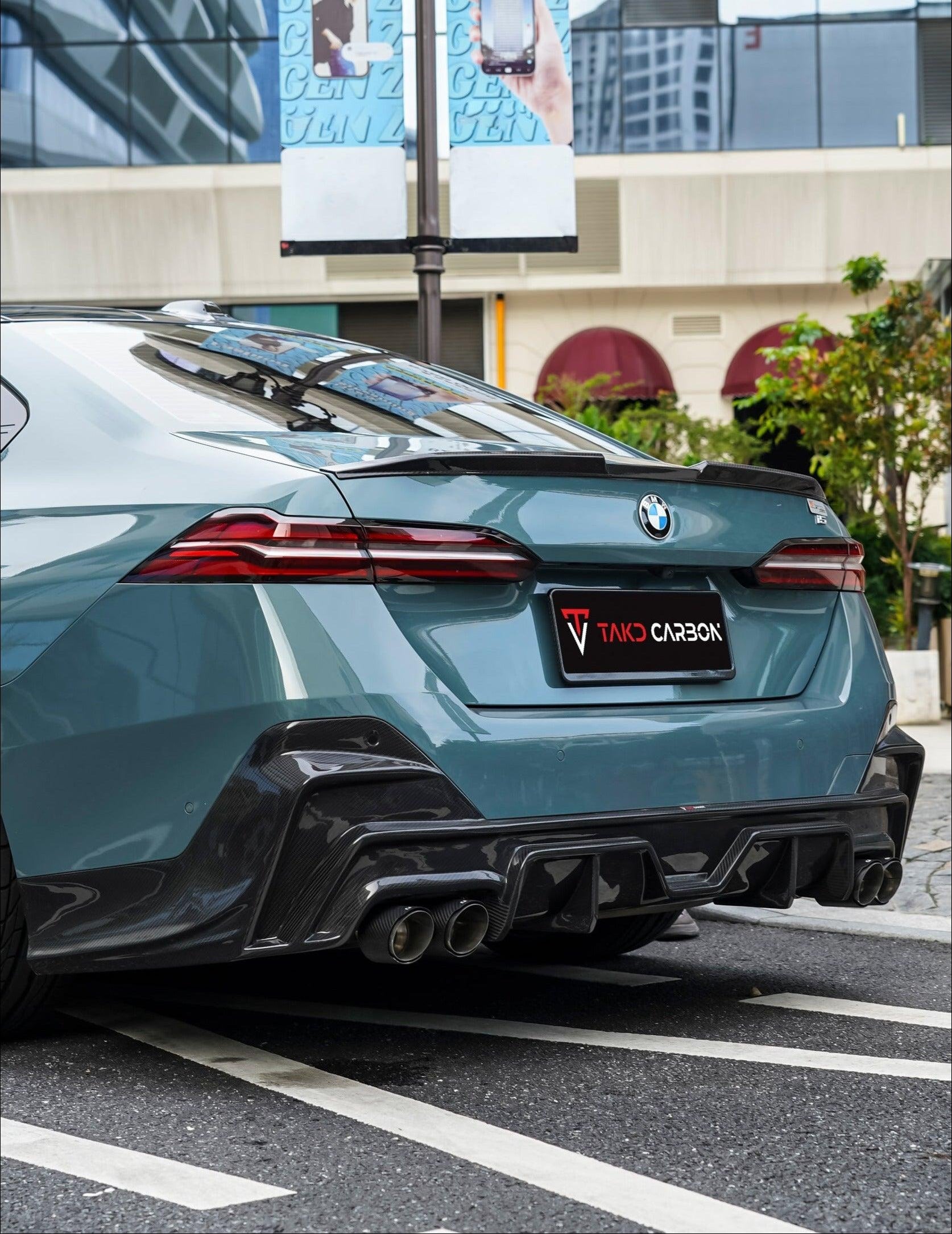 BMW 5 Series 530 540 (with M-package bumper, does not fit base model) G60 G61 2024-ON with Aftermarket Parts - V1 Style Rear Diffuser (Quad Exhaust Tips Included) Pre-preg Carbon Fiber from TAKD Carbon