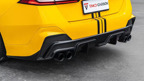 BMW 5 Series 530 540 (with M-package bumper, does not fit base model) G60 G61 2024-ON with Aftermarket Parts - V1 Style Rear Diffuser (Quad Exhaust Tips Included) Pre-preg Carbon Fiber from TAKD Carbon