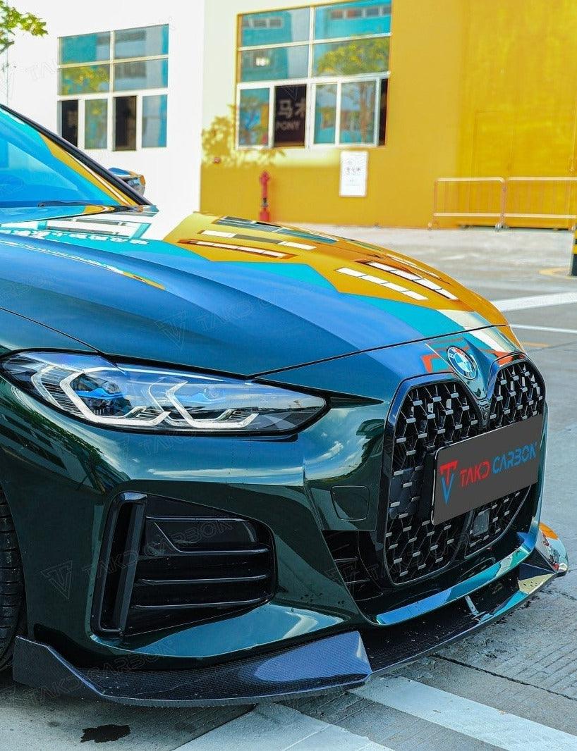 BMW I4 M50 / e Drive 40 (with M-package bumper, does not fit base G26 2022 2023 2024 & 4 Series Gran Coupe M440i 430i (with M-package bumper,Does not fit base model) G26 2022 2023 2024 with Aftermarket Parts - Front Lip Pre-preg Carbon Fiber from TAKD Carbon