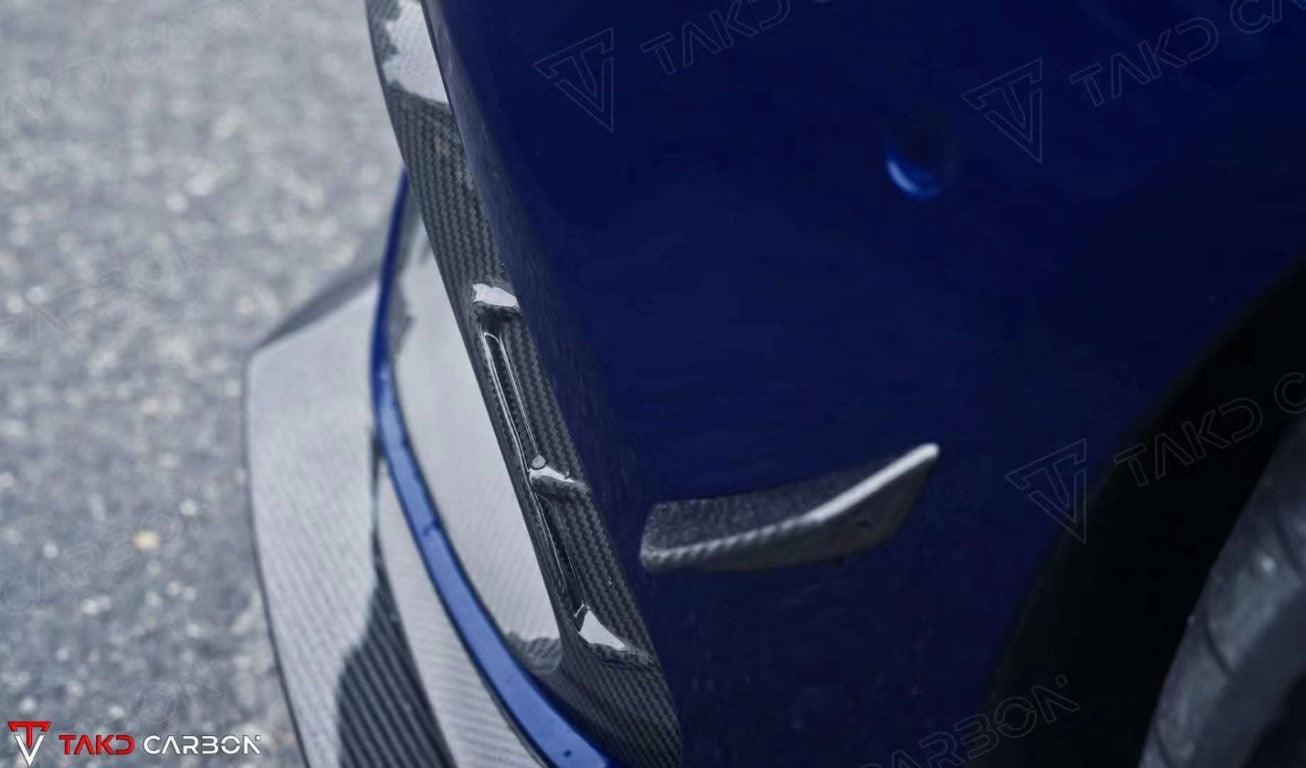 Mercedes Benz CLA45 C118 2020 2021 2022 2023 2024 with Aftermarket Parts - V2 Style Front Bumper Canards Pre-preg Carbon Fiber from TAKD Carbon