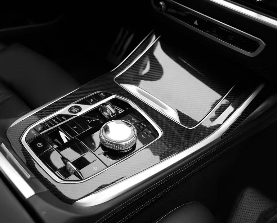 BMW X5 M60i s/x Drive 40i 50e G05 LCI 2024-ON with Aftermarket Parts - Center Control Trim Cover Dry Pre-preg Carbon Fiber from TAKD Carbon