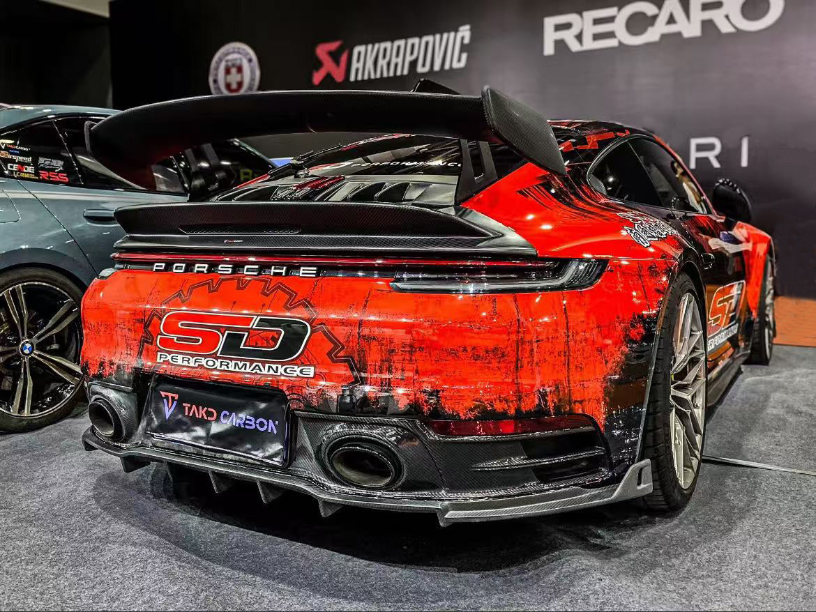 Porsche 911 992 Carrera / 4 / S / 4S (Fits Base Model Only, Does Not Fit Aero Kit / Sport Package) 2020 2021 2022 2023 2024 with Aftermarket Parts - V1 Style Rear Spoiler Pre-preg Carbon Fiber from TAKD Carbon