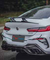 BMW 8 Series 840i (With M-Package Bumper) M850i G16 2018-ON with Aftermarket Parts - V2 Style Carbon Fiber Rear Bumper Canards from TAKD Carbon