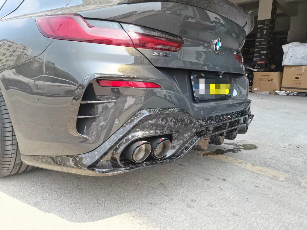 BMW 8 Series 840i (With M-Package Bumper) M850i G16 2018-ON with Aftermarket Parts - V2 Style Carbon Fiber Rear Bumper Canards from TAKD Carbon